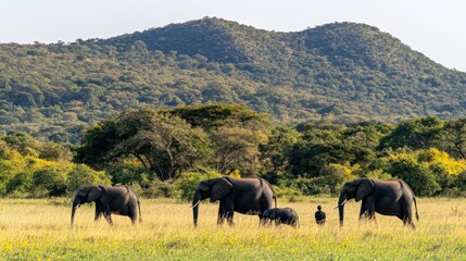 Elephants grazing in a savanna landscape