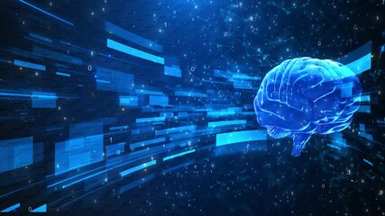 Digital brain spinning and data processing. Business, technology and digital interface Futuristic AI Neural Engine Brain Chip CPU with Glowing Circuit Lines Stroke Reveal Animation by Deep Learning - Powered by Adobe