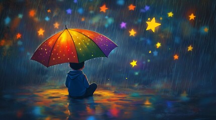 Fantasy illustration of a child sitting under a glowing multicolored umbrella in a rainy dream world, where raindrops turn into stars before hitting the ground, symbolizing resilience in childhood 
