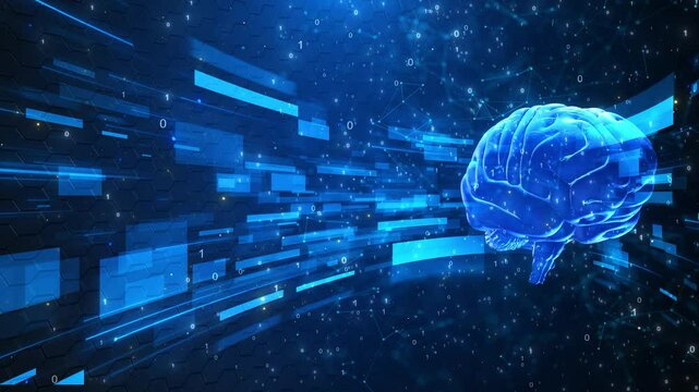 Digital brain spinning and data processing. Business, technology and digital interface Futuristic AI Neural Engine Brain Chip CPU with Glowing Circuit Lines Stroke Reveal Animation by Deep Learning - Powered by Adobe