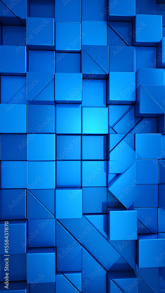 Poster Abstract Blue Cubes: A mesmerizing abstract composition of various sized blue cubes creating a three-dimensional effect with depth and texture.