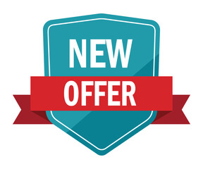 a turquoise shield with a red ribbon displaying "new offer", perfect for promotions, product launches, and sales marketing