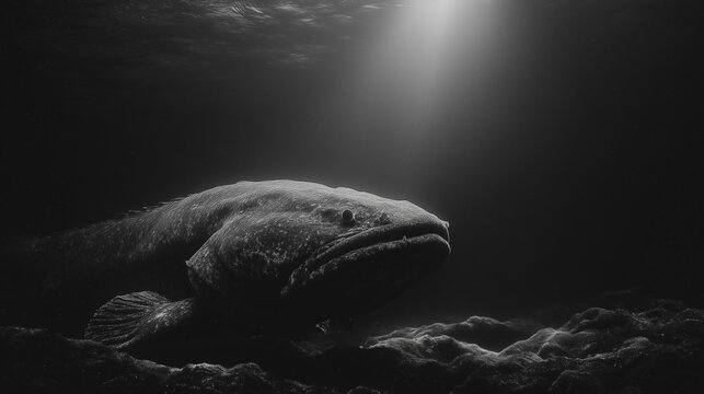 Primer plano de pez gigante prehist&oacute;rico (Mero o Celacanto) bajo el agua, Fotograf&iacute;a submarina en blanco y negro de gran pez en el fondo marino