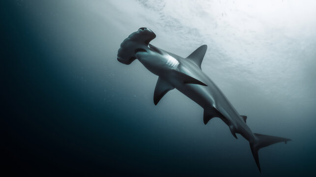 Tibur&oacute;n martillo desde abajo en mar abierto, Silueta de tibur&oacute;n martillo contra la luz del oc&eacute;ano, Depredador apex en movimiento: tibur&oacute;n martillo nadando bajo la superficie