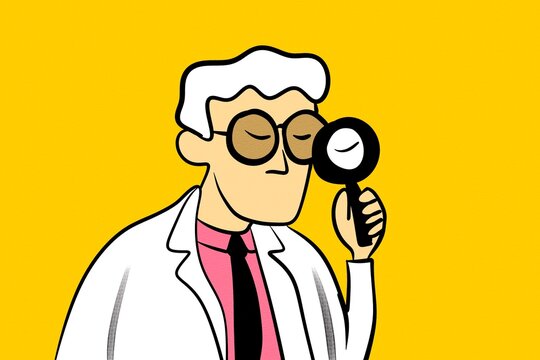 Cartoon scientist examining with magnifying glass
