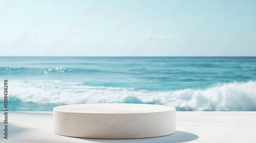 Poster sea view with a minimalistic display platform overlooking calm waves in bright daylight
