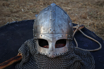 The iron helmet of an armor used during ancient Viking fights.
