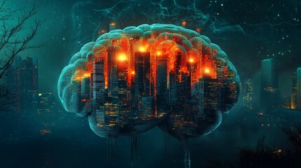 Illustrated brain formed from city buildings, each glowing in colors symbolizing disorders—fire for panic, fog for anxiety, vines for sadness—creating a surreal map of the complexity of mental illness
