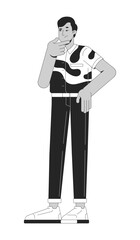 Thoughtful indian man in bold abstract shirt rubbing chin 2D line character. Decision making. South asian guy in modern clothing isolated vector ink outline person. Monochromatic spot illustration