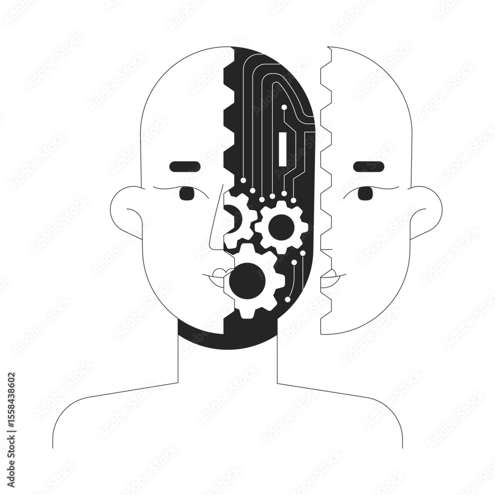 Poster robotics artificial intelligence line illustration concept. human head with ai circuitry and gears. 