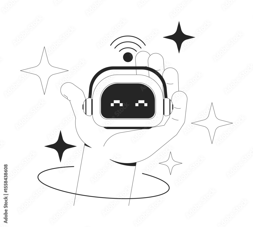 Poster ai robot companion line illustration concept. advanced artificial intelligence pet robotic toy. smar