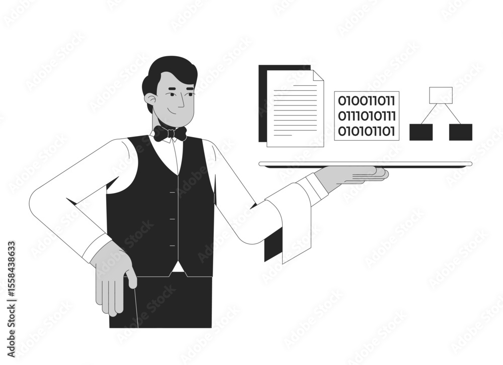 Poster serving up data for training ai line illustration concept. improving language model performance. but
