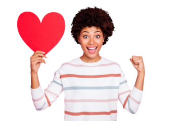 Photo of pretty dark skin lady holding in hands big red paper heart showing creative date surprise wear striped pullover isolated pastel pink color background