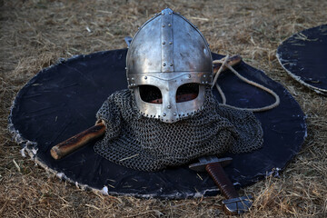 Part of the iron armor, the helmet, the shield and the sword used in ancient fights.