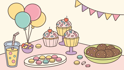 A festive party scene with balloons cupcakes cookies juice and a colorful banner decoration setup nicely