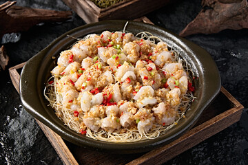Chinese food: garlic rice pepper casserole vermicelli shrimp