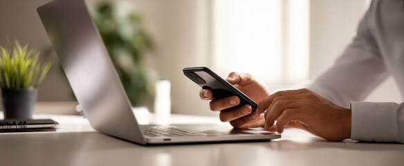 The smartphone and laptop in a modern workspace setting.