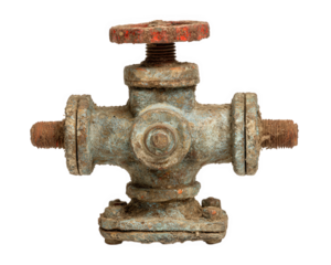 Old rusty metal valve with red handle, isolated on transparency background, industrial object showing corrosion and weathered texture, suitable for plumbing, repair, or vintage mechanical themes