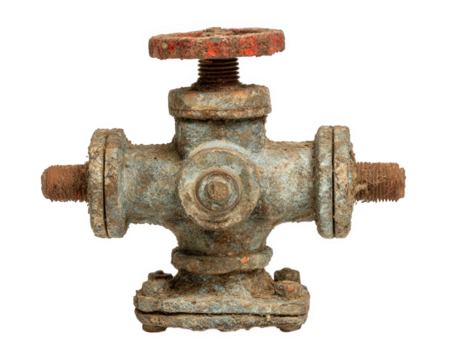 Old rusty metal valve with red handle, isolated on transparency background, industrial object showing corrosion and weathered texture, suitable for plumbing, repair, or vintage mechanical themes