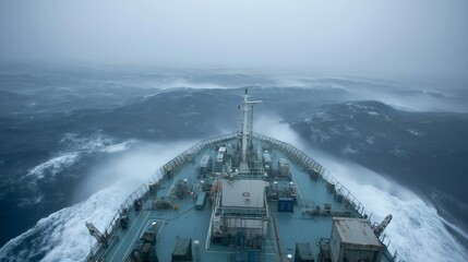 A large vessel cuts through choppy waves under a dark, cloudy sky. Powerful winds create a dramatic atmosphere as the ship bravely faces the stormy seas