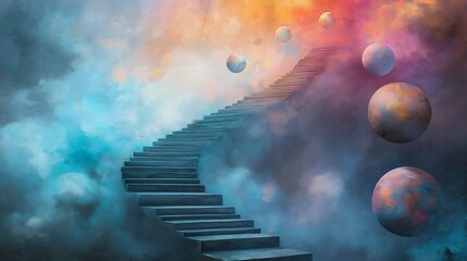 Multicolored illustration of a surreal staircase moving from dark fog to vibrant skies, surrounded by floating global orbs representing health support, symbolizing stages of emotional recovery 