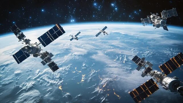 Multiple satellites orbiting Earth in space view
