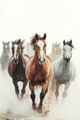 Obraz premium Manada de caballos salvajes al galope en pradera, Estampida de caballos en pradera árida con luz dorada, Caballos salvajes en estepa, contraluz y polvo dorado