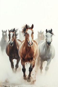 Manada de caballos salvajes al galope en pradera, Estampida de caballos en pradera &aacute;rida con luz dorada, Caballos salvajes en estepa, contraluz y polvo dorado