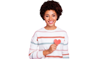 Photo of toothy fascinating cute charming nice black youngster showing her love heart red shape smiling beaming wearing white striped sweater isolated over pink pastel color background