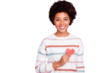 Photo of toothy fascinating cute charming nice black youngster showing her love heart red shape smiling beaming wearing white striped sweater isolated over pink pastel color background