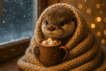 Cozy otter enjoying a warm drink by the window on a snowy day