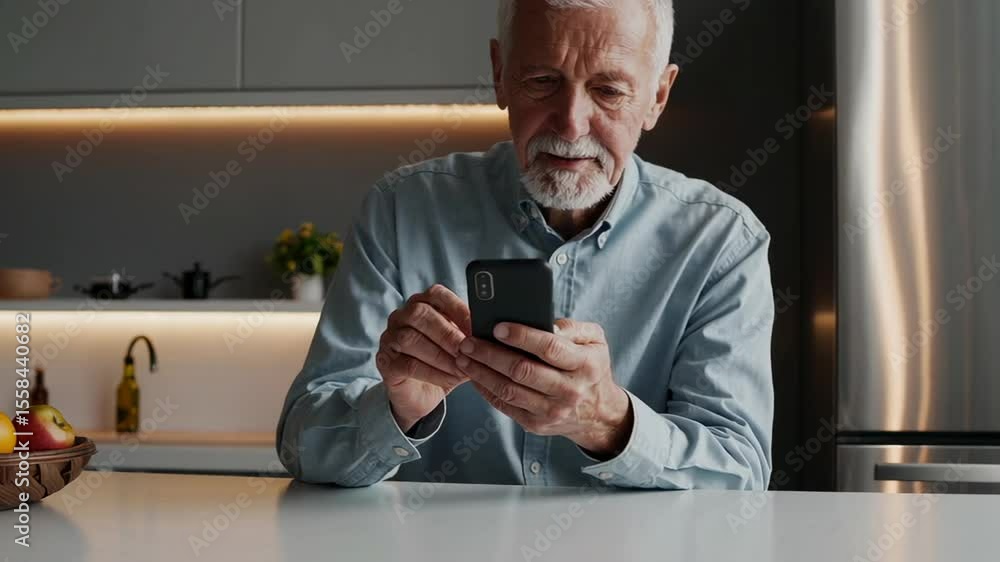 Poster elderly man using smartphone at home, browsing internet or shopping online, enjoying modern technolo