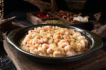 Chinese food: garlic rice pepper casserole vermicelli shrimp