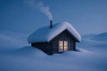Cozy cabin amidst snowy winter landscape during serene twilight hour