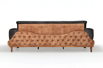 Rear view of a modern convertible sofa bed. Features a tufted brown base and two-tone backrest, isolated on a white background.