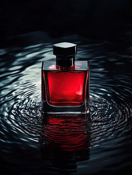 Red elixir in water, reflecting a dark allure. Liquid essence captured in a glass bottle.