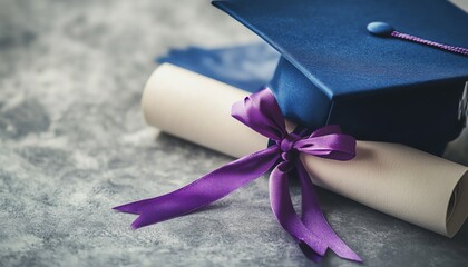 Graduation cap and diploma on a gray background.