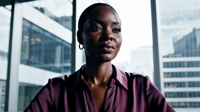 darkest skin women - A confident woman in a stylish purple blouse sits at a modern office desk, gazing thoughtfully out of a large window overlooking a bustling cityscape