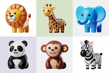 a charming collection of 3D cartoon zoo animals. A majestic lion, a tall giraffe, a friendly elephant, a playful panda, a curious monkey, and a striped zebra are all featured.