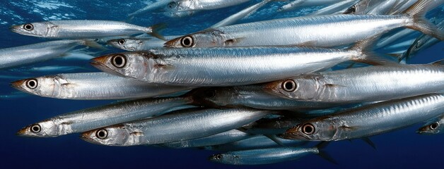 Obraz premium Silver fish with blue stripes swimming in vibrant ocean waters beneath a sunlit surface showcasing stunning underwater vibrancy