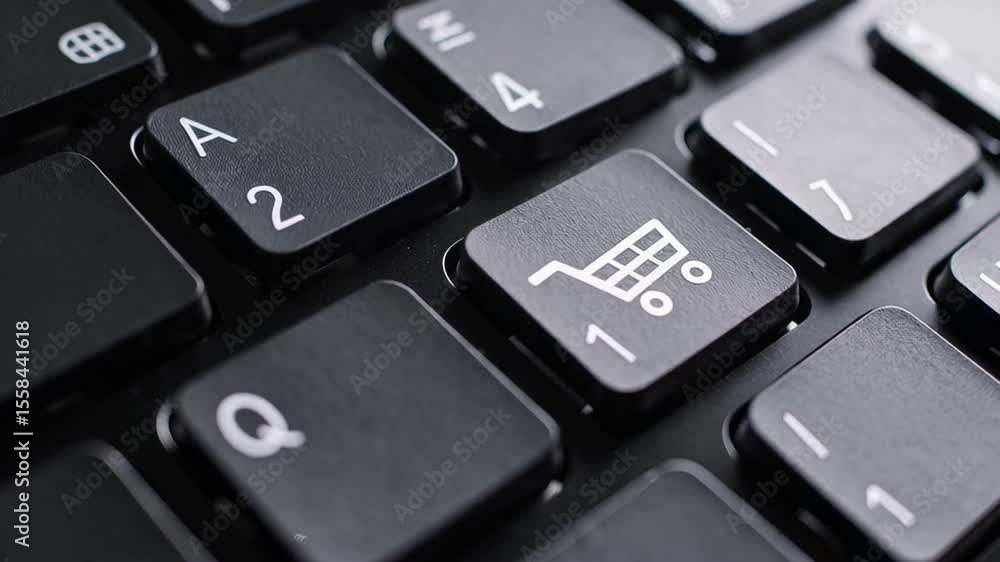 Poster close up black keyboard highlighting shopping cart key, representing digital commerce and online pur