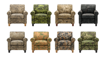 Collection of armchairs upholstered in camouflage patterns, military fabric designs, classic furniture, transparent png.