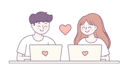 Cute couple chatting online in love with laptops and heart symbol, minimal line art illustration representing digital romance, connection and virtual relationship.