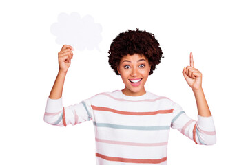 Photo of pretty dark skin lady holding in hand empty paper mind cloud raising index finger have...