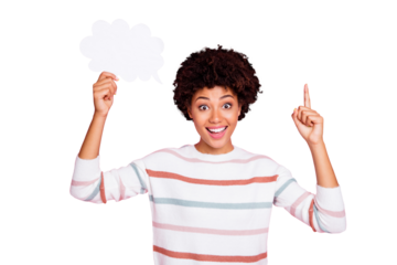 Photo of pretty dark skin lady holding in hand empty paper mind cloud raising index finger have good idea wear striped pullover isolated pastel pink color background