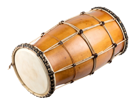 A classic traditional drum made from natural wood and skin, secured with intricate lacing, ready for rhythmic .