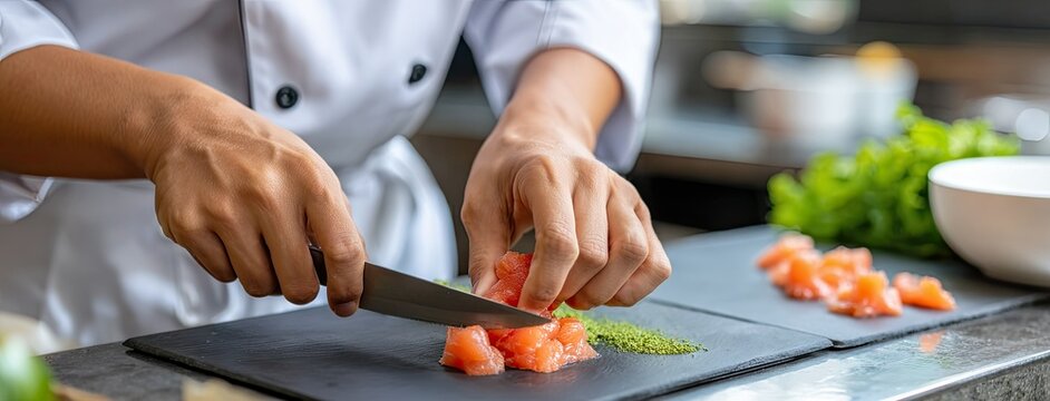 Close-up of hands skillfully cutting meat on a black kitchen counter during meal preparation by a female chef in a white uniform - Powered by Adobe