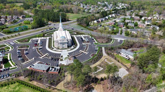 Aerial LDS Temple Richmond Virginia circle high 4. The Church of Jesus Christ of Latter-day Saints, LDS, Mormon Church. Christian religion. Spiritual sacred church. Urban neighborhood