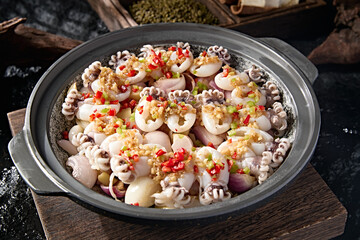 Chinese delicious seafood stone pot garlic pepper fried cuttlefish