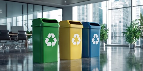 The recycling bins in a modern office space promoting eco-friendly practices.